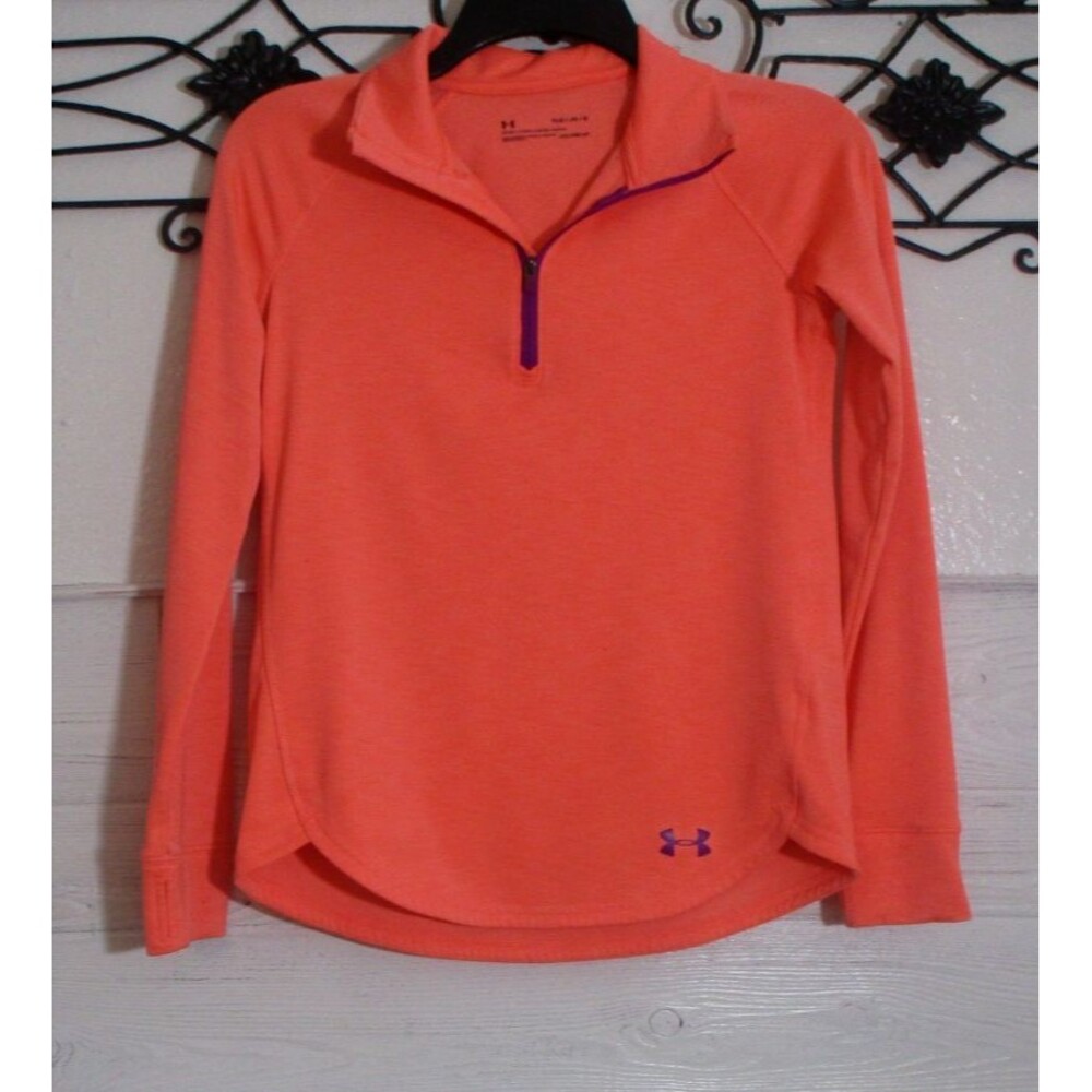 Girls Under Armour ColdGear Activewear Top Size L Orange Long Sleeve 1/4 Zip